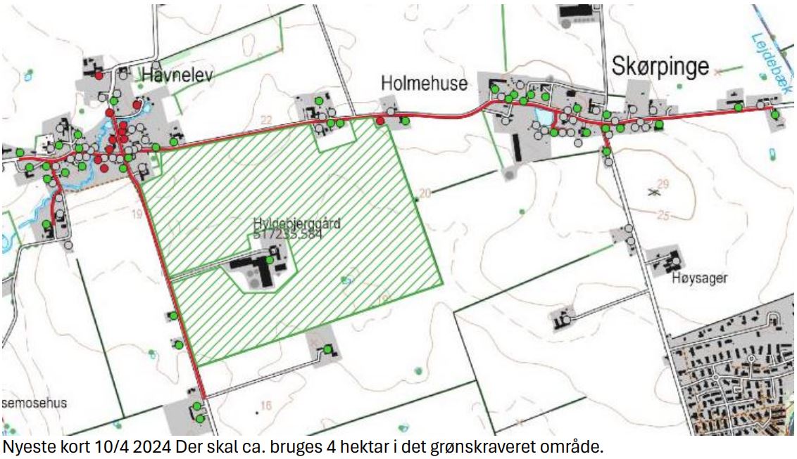 Husstande som er omfattet af et projektforslag som indsendes til kommunal godkendelse som fjernvarme under varmeforsyningsloven. Cirklerne (grøn, rød, uden farve) repræsenterer de husstande som er omfattet af forslaget